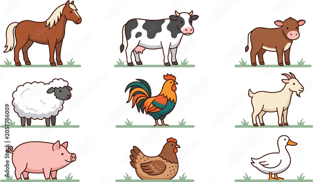 Fototapeta premium Cute Domestic Farm Animals Vector Icon Set with Horse, Cow, Calf, Sheep, Rooster, Goat, Pig, Hen, and Duck Standing on Green Grass Isolated