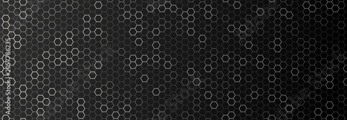 Carbon hexagon mesh with honeycomb pattern. Fiber geometric texture with metal lace details for science backgrounds, sporty, nano technology and futuristic designs. Vector illustration on black bg