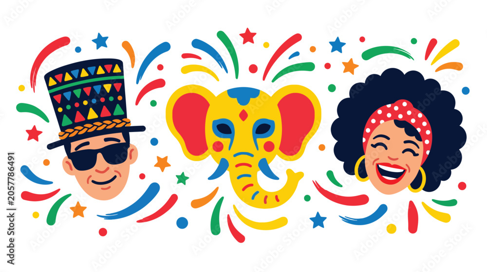 Fototapeta premium Colorful vector illustration featuring a festive carnival theme with happy people and an elephant mask