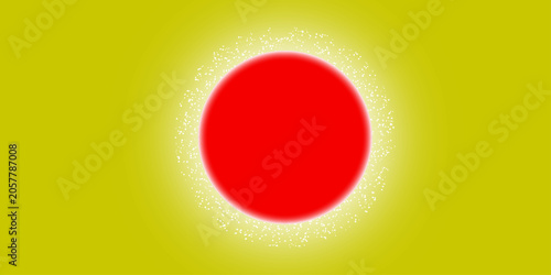 Billede på lærred Glowing blue neon circle with abstract red particles exploding outwards on yellow background