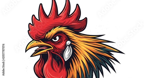 Colorful rooster with vibrant red and yellow plumage.