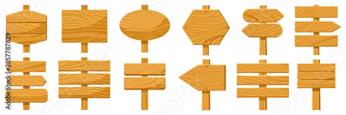 A set of classic rustic wooden signposts, geometric timber boards, and blank directional pointers for game UI development and creative layouts.