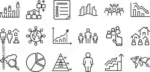 Konstfotografi Population Census and Demographic Statistics Thin Line Icon Set with Growth Char