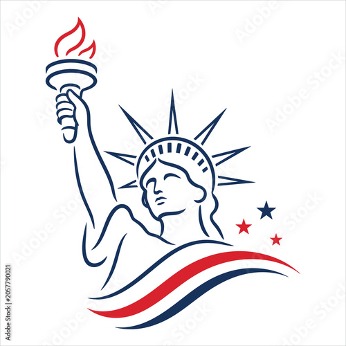 Statue of Liberty Illustration with Torch and Stars on Red and Blue Waves Featuring Line Drawing, Patriotic, American Symbol with Freedom