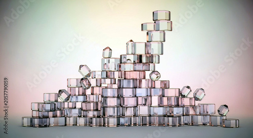 Abstract composition of translucent glass cubes stacked in a pyramid shape on a soft gradient background