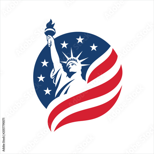 Statue of Liberty Patriotic Logo Emblem with Stars and Waving Stripes in Red, White, and Blue Featuring American Icon, National Symbol, Star Spangled