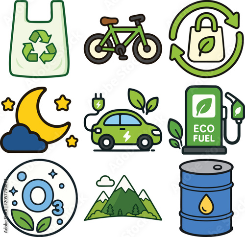 Green Technology And Environmental Sustainability Flat Icon Set