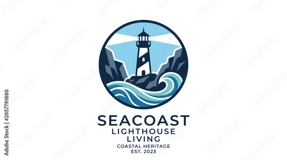 Fototapeta premium A serene coastal lighthouse standing tall on rugged rocks surrounded by gentle waves under a clear sky.