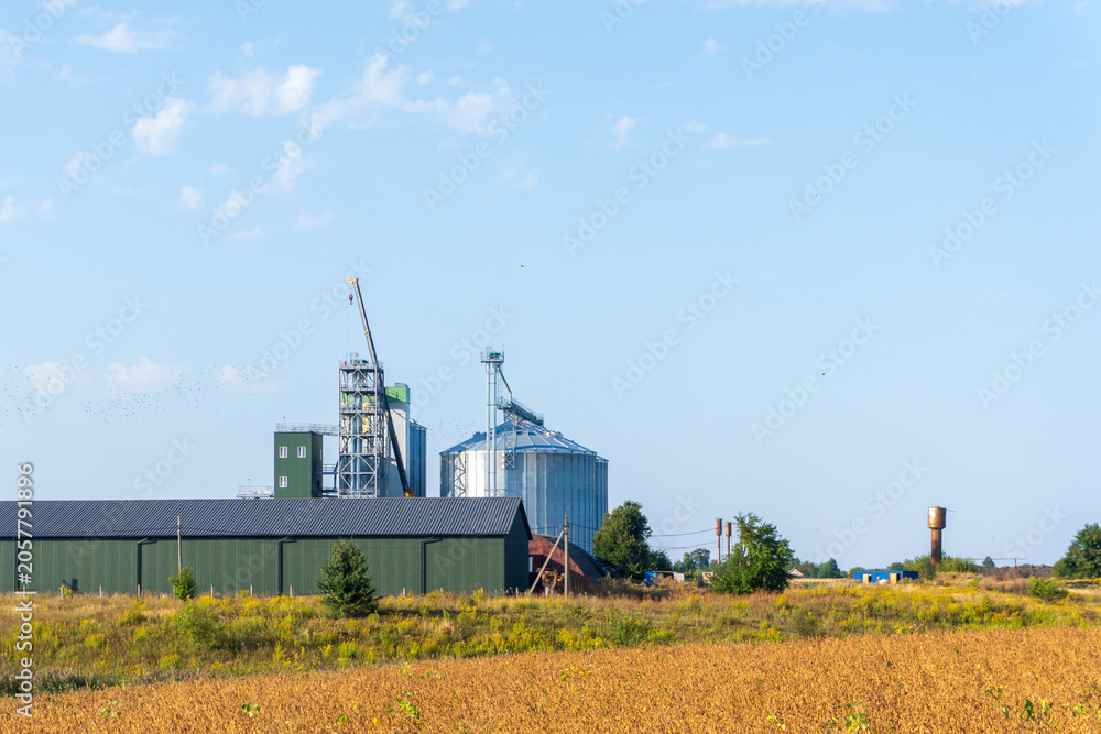 Fototapeta premium Farm Buildings and Silos Stand Under a Clear Sky With a Field in the Foreground During a Sunny Afternoon in Rural America