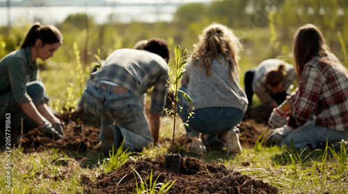 Community tree planting event local park volunteer activity natural setting ground level view environmental awareness