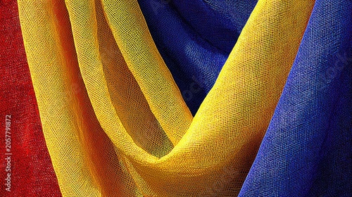 Vibrant Fabric Flow: A close-up of richly textured fabric, cascading in bold folds of red, yellow, and blue, creates a dynamic visual symphony of color and light.