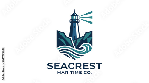 Maritime company logo features a lighthouse on waves with abstract leaves