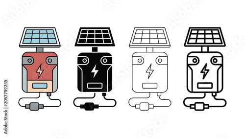 Fotografie Four solar powered battery packs with different colored designs and lightning bo