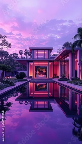 Modern house with illuminated pool at dusk reflecting purple lights