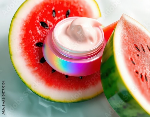 Watermelon slice with skincare product and iridescent cream