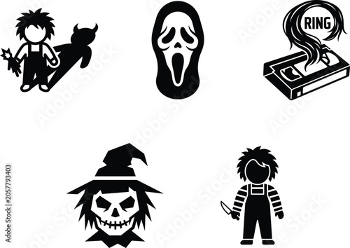 Εκτύπωση καμβά Black silhouettes of horror movie characters and symbols on white background