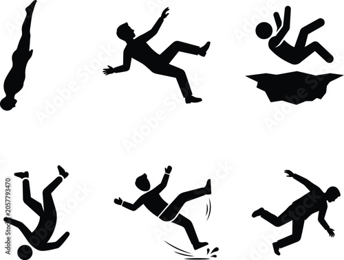 Photography black silhouettes of people falling down in various positions and movements
