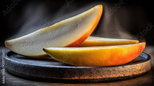 Gourmet Mango Slices: Savor the exquisite sweetness of ripe mango slices, artfully presented on a rustic slate platter, exuding a warm, inviting aroma.