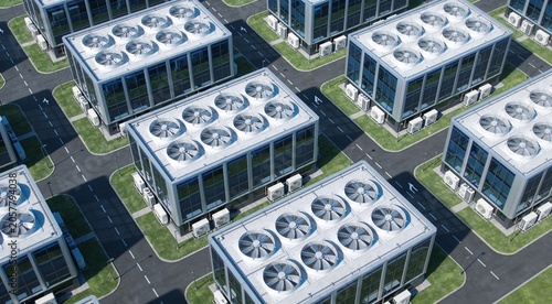 Large AI data center campus with multiple buildings and cooling units