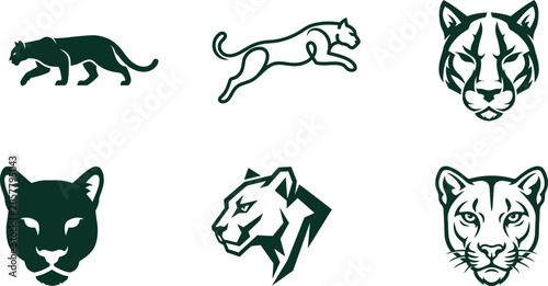 stylized panther and tiger silhouettes and heads for logo or icon design