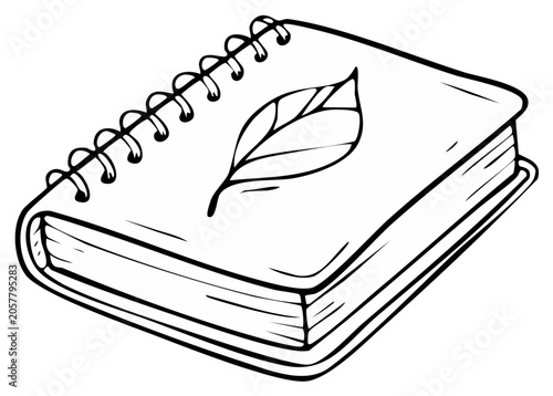 Black and White Sketch of a Spiral Bound Notebook Featuring a Delicate Leaf Illustration on the Cover