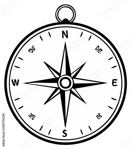 Simple black and white line art illustration of a classic compass with a detailed compass rose and cardinal directions