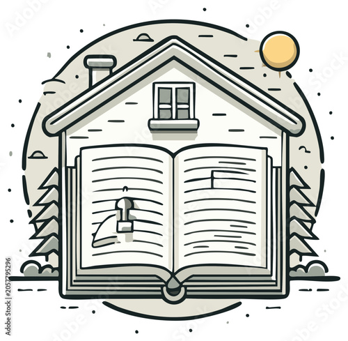 Open book transforms into a house, symbolizing education and knowledge as home.