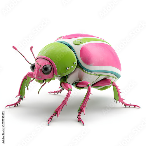 Colorful mechanical beetle with pink and green details