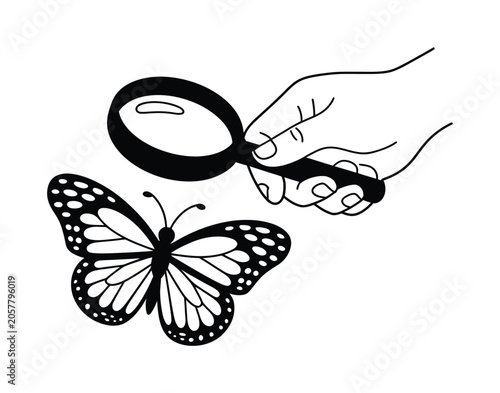 Obraz na plátně A black and white line of a hand holding a magnifying glass to examine a monarch