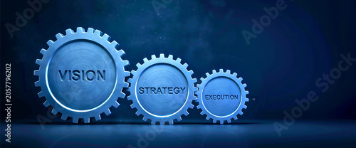 Interconnected gears with vision strategy and execution text representing business planning, corporate growth and organizational development