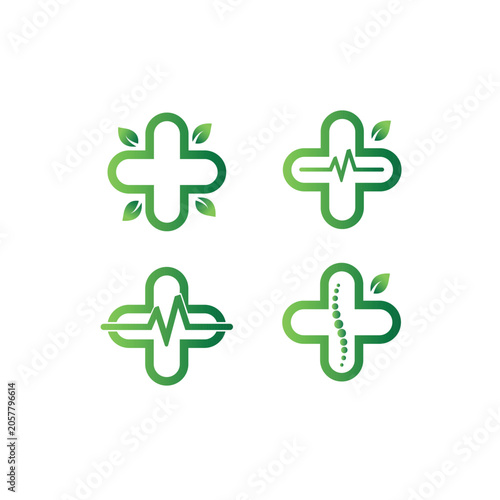 Set of Modern Green Medical Cross Logos for Health, Wellness, Cardiology, and Orthopedic Clinic Identity