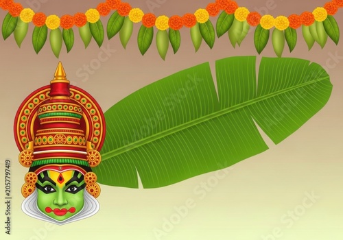 Traditional Kathakali Dancer with Banana Leaf for Onam Festival Celebration