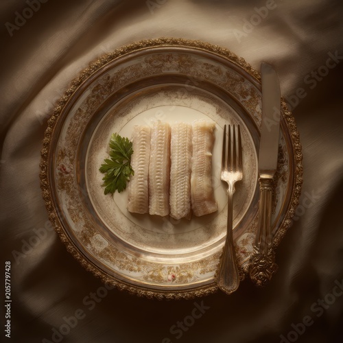 Elegant Fish Fillets Presentation: A meticulously plated dish of delicate fish fillets, garnished with a fresh sprig of parsley, sits regally on an ornate charger plate, bathed in a warm.