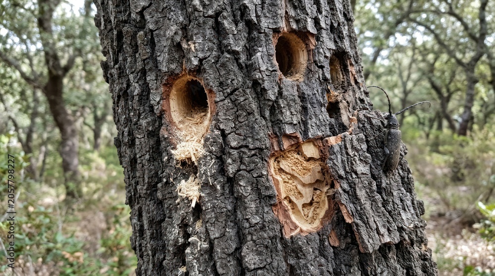 Fototapeta premium A large, dark-colored tree trunk displays a face formed by several holes in its bark. A longhorn beetle crawls along the trunk.