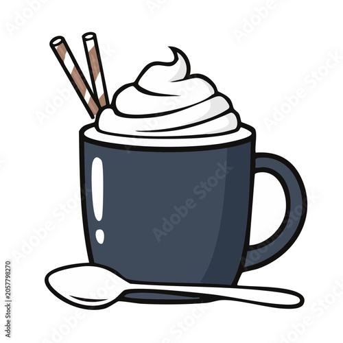 Blue coffee cup with steam and spoon vector