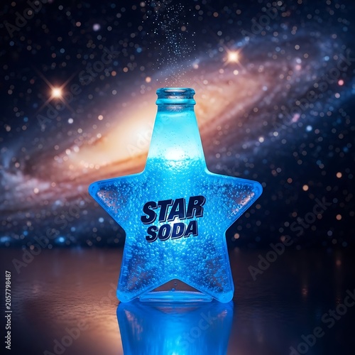 Blue soda can against starry cosmic background.