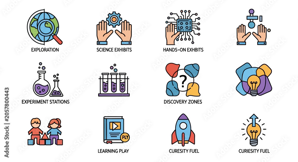 Fototapeta premium Science Education Icons: Exploration, Experiments, Discovery, Innovation