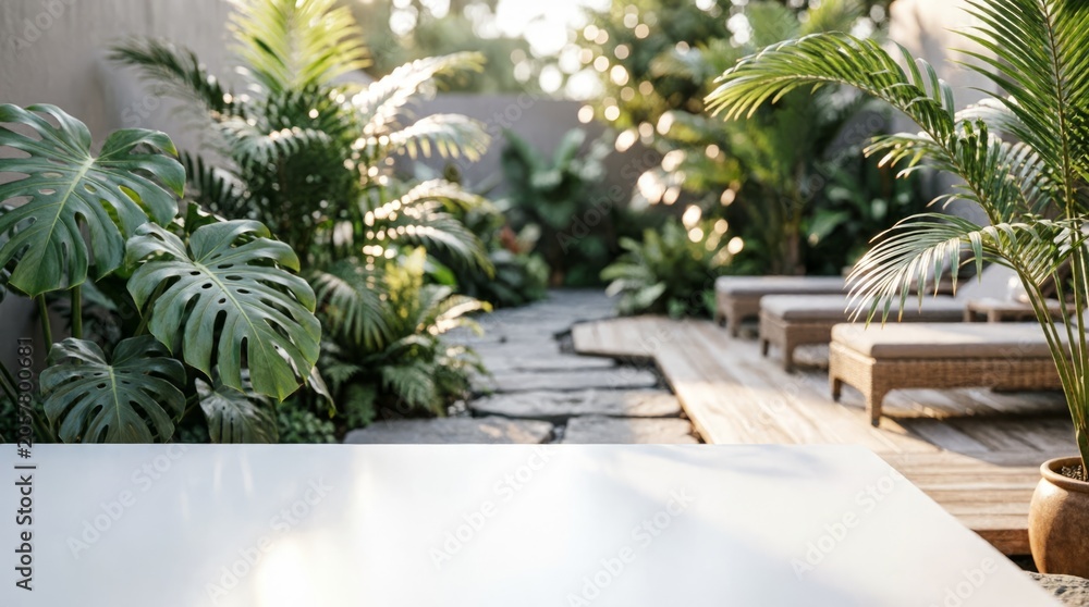 Fototapeta premium Tropical Garden with Stone Path and Lounge Furniture for Web Design