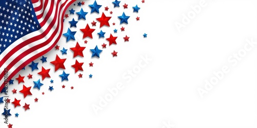 Festive american flag fabric corner with scattered glossy red and blue metallic stars on a white background space