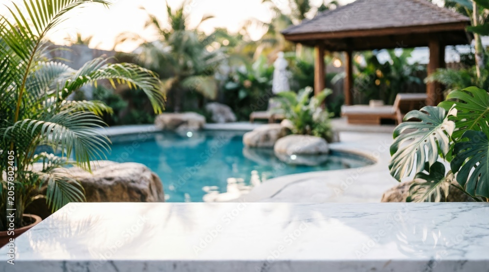 Obraz premium Luxury Pool with Tropical Plants and Marble Counter for Web Design