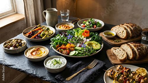 Colorful healthy meal prep bowls with fresh vegetables and bread on dark table
