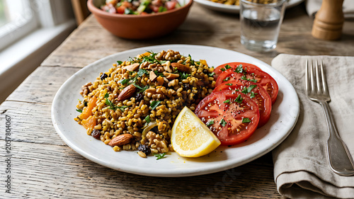 Healthy quinoa salad with cherry tomatoes and lemon on wooden table outdoor meal