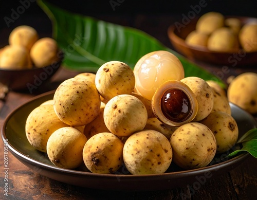 Pile of ripe, golden-yellow langsat fruits with textured skin, one halved revealing dark brown seed, on a dark plate, close-up, natural lighting, tropical produce.