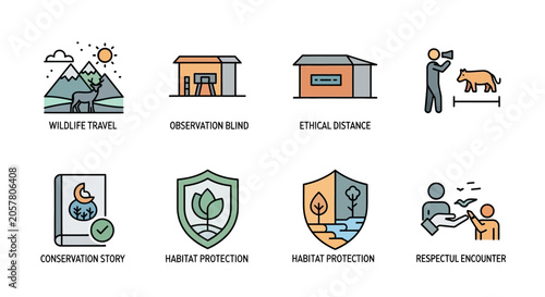Wildlife Ethics Icons: Observation, Respect, Conservation, Habitat Protection
