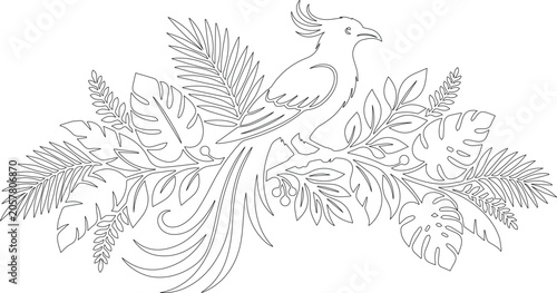 Foto Elegant tropical bird line art illustration, exotic phoenix bird with lush jungl