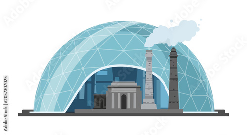 Industrial Factory and Modern City Enclosed in a Geodesic Glass Dome for Environmental Protection and Pollution Control Concept Illustration
