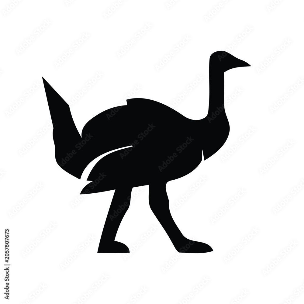 Fototapeta premium Black Emu or Ostrich Flightless Bird Silhouette Isolated on White