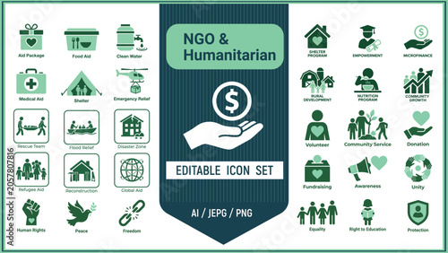 Charity and Volunteering icon set. Containing charity, assistance, volunteerism, selfless, sympathy, compassion, kindness, selfless, benevolence and more. Solid vector icons set collection.
