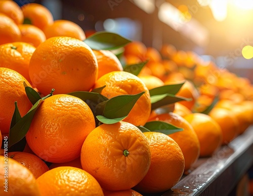 Abundant fresh, ripe, juicy oranges with vibrant green leaves piled high on a market stall, bathed in warm, golden sunlight, creating a healthy, natural food still life.