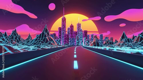 Modern electric car driving through low polygon cityscape, retro 80s synthwave sunset with geometric mountain landscape
